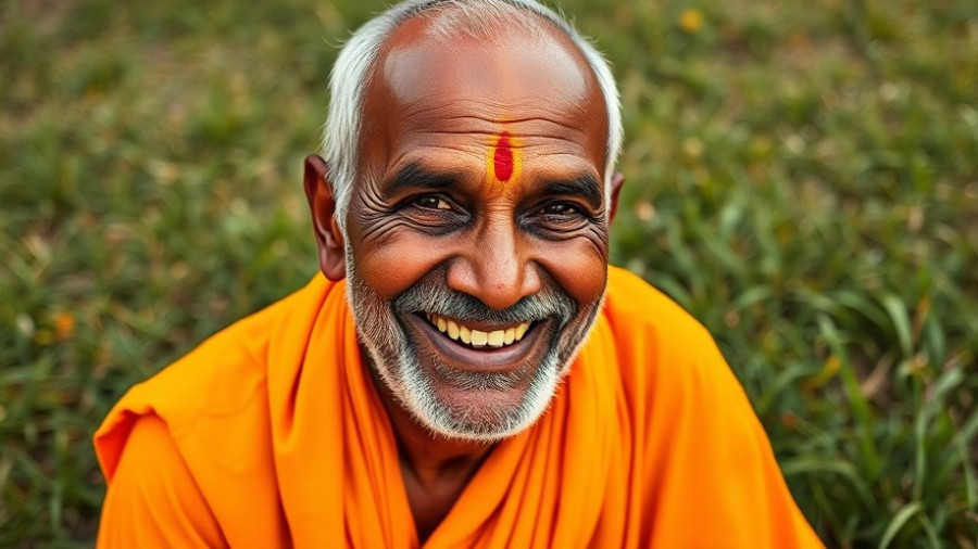 Man in saffron attire smiles with traditional Hindu markings.