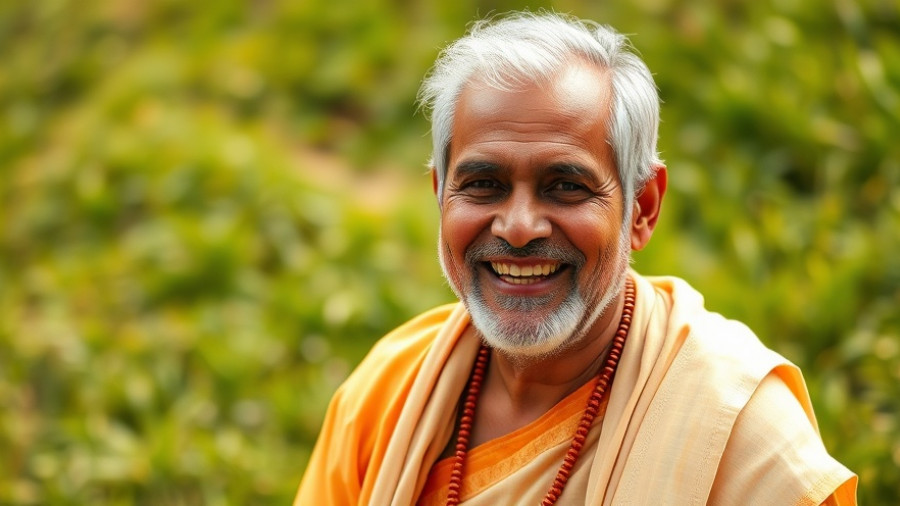 Elderly man in Hindu attire outdoors, referencing Hindu prayers in US Virgin Islands Senate.