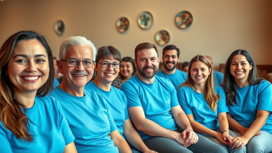Caribbean healthcare partnership group in blue shirts smiling together.