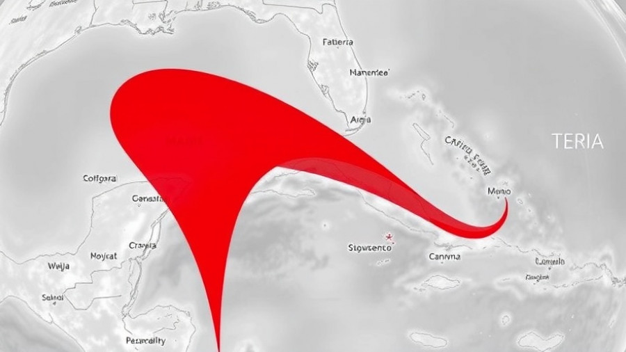 Map showing Tropical Storm Melissa's projected path in red.