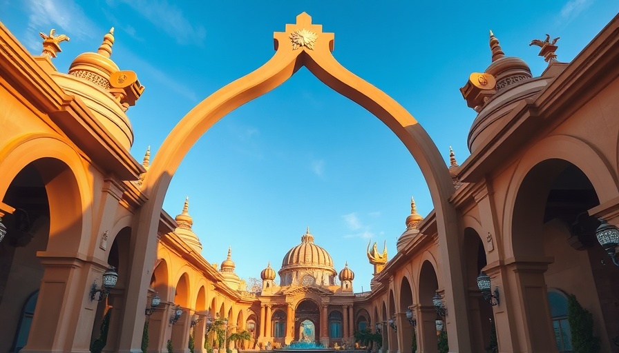 Epic Universe Preview: stunning futuristic theme park view through an ornate archway.