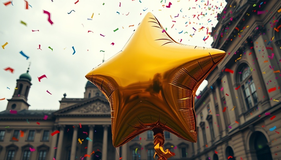 Macy's Parade golden balloon amidst confetti near classic building.