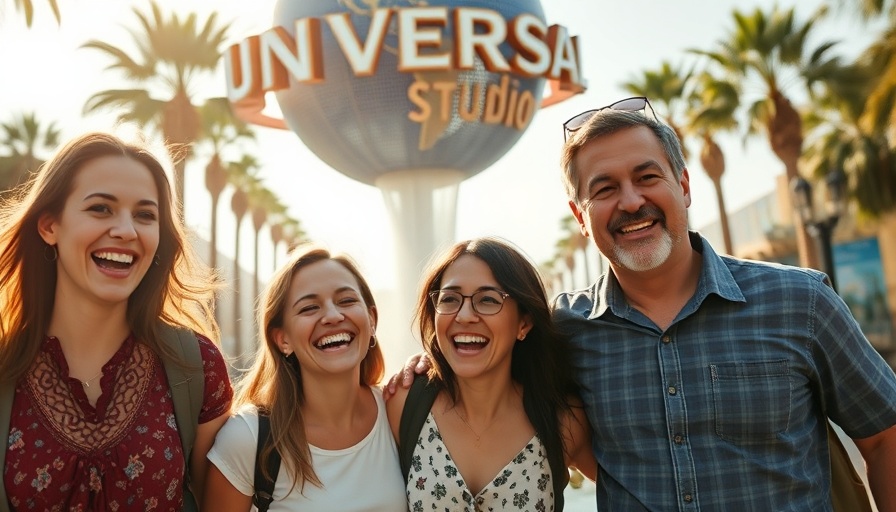 Family enjoying day at Universal Studios Hollywood, smiling under iconic globe.
