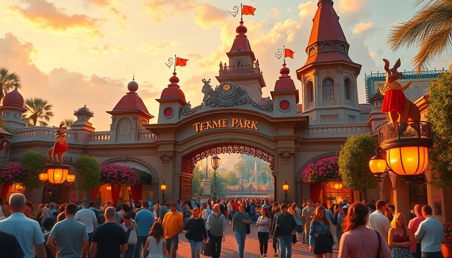 Vibrant Universal Epic Universe entrance rendering at sunset.