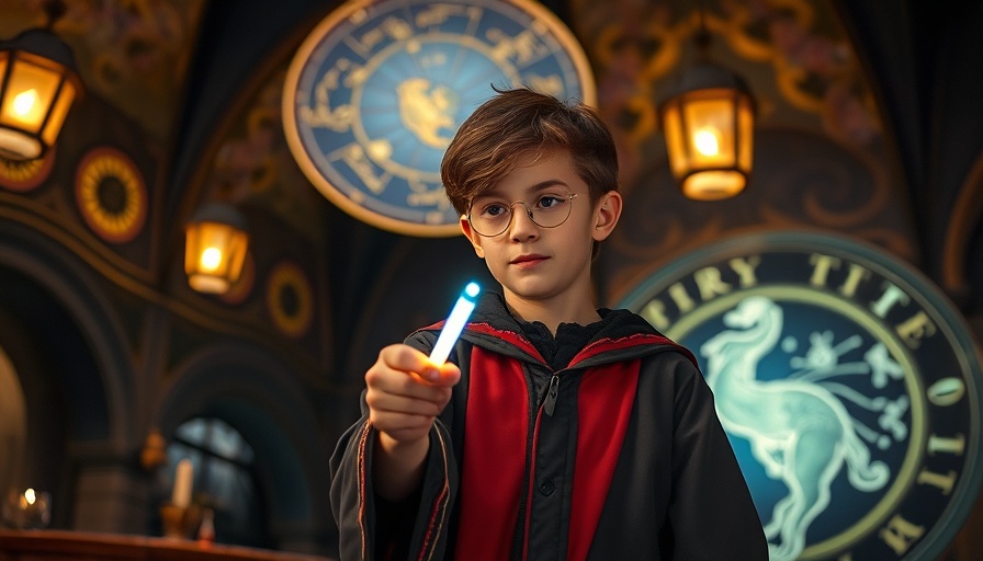 Young wizard using interactive wand at Universal Orlando attraction.