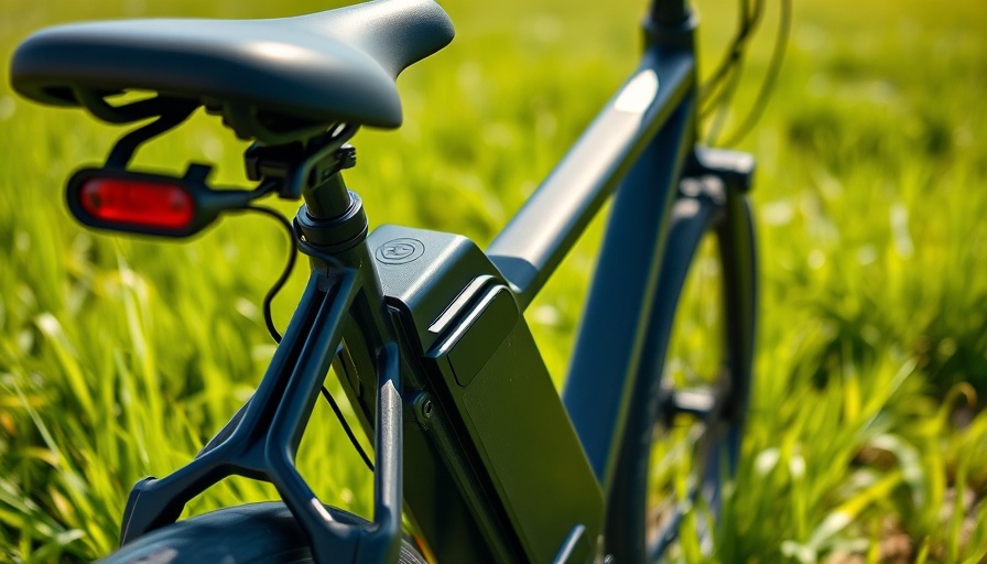 Close-up of black e-bike highlighting battery and seat on grass, Florida e-bike safety crisis.