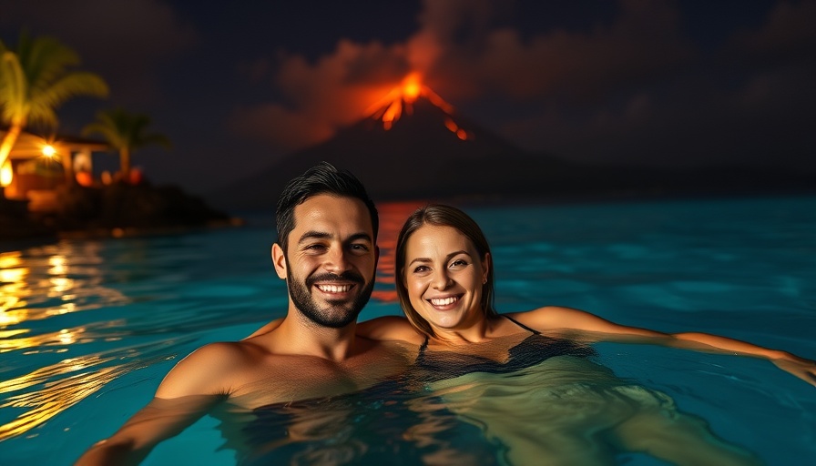Happy couple at Volcano Bay Nights enjoying evening swim.