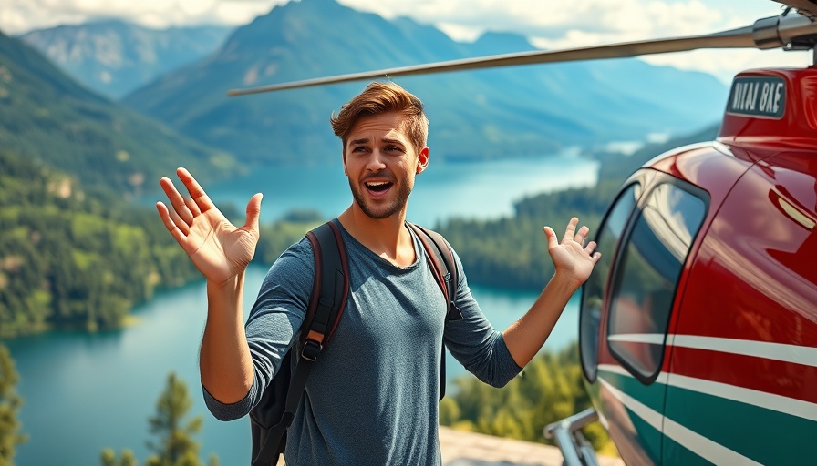 Young man near helicopter by scenic lake, related to Pablo Escobar Mansion tour.