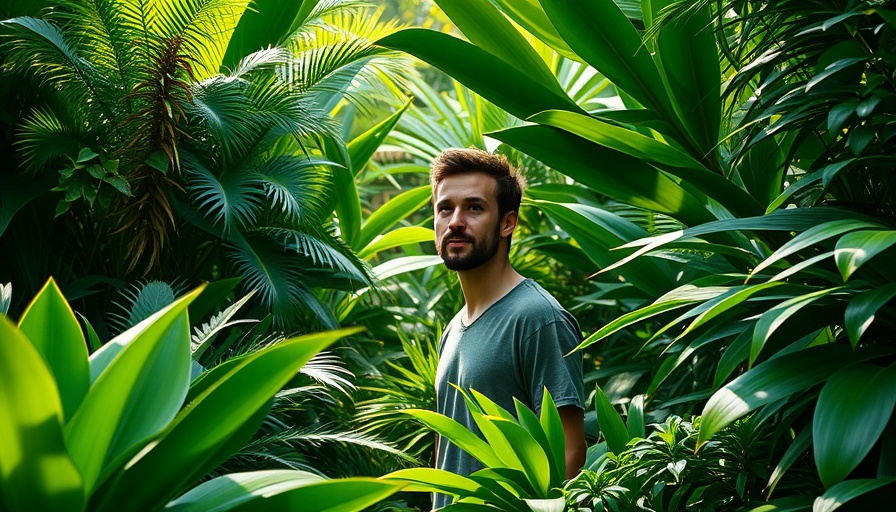 Man in lush garden at Nature Echo Agro Tourism site.