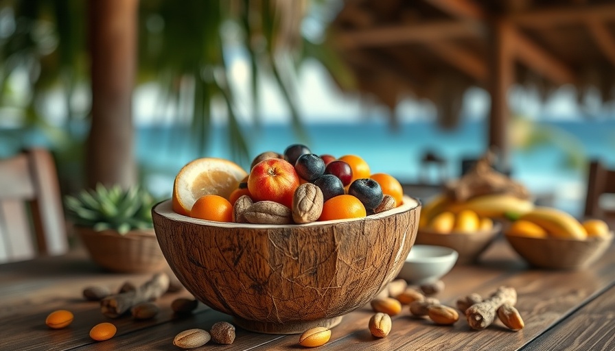 Vibrant island adventure dish in Saint Lucia in a coconut bowl.