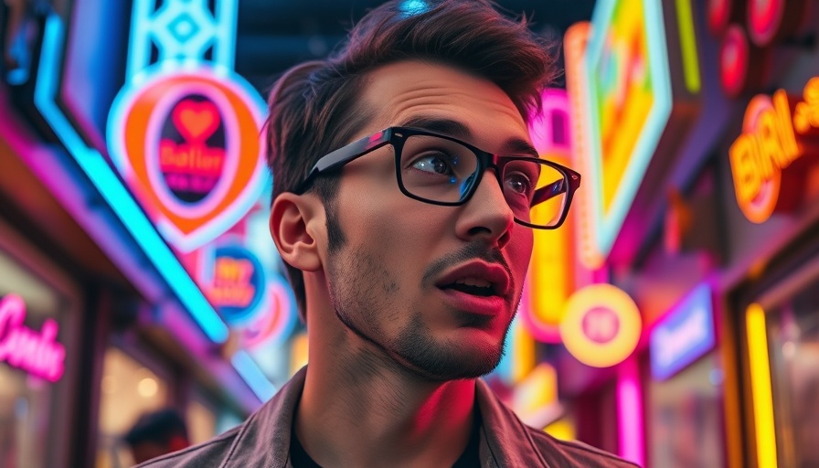 Casual man speaking in neon-lit urban scene, chasing dreams.