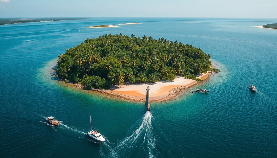 Aerial view of Big Shell Island, family boating adventure.
