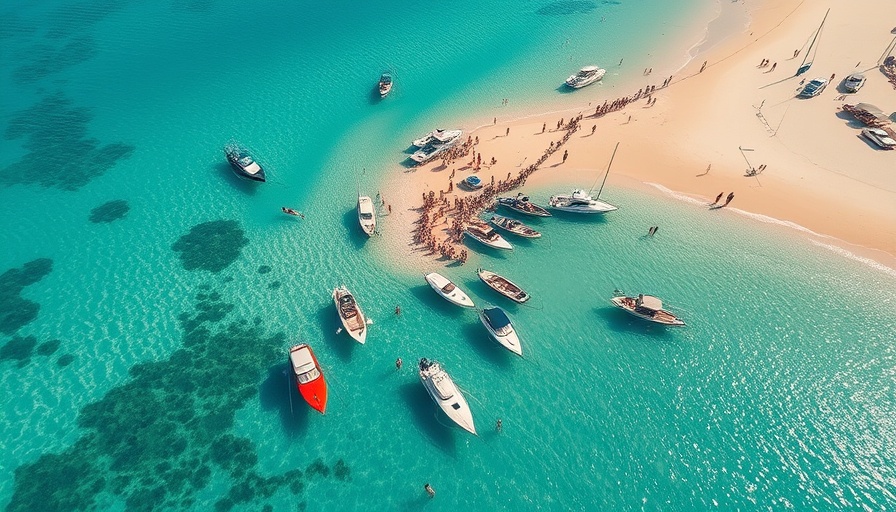 Aerial view of vibrant Birthday Sandbar Party in Cape Coral with boats.