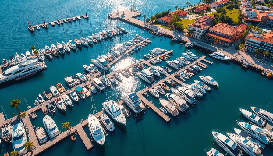 Aerial view of Salty Sams Marina in Fort Myers Beach with boats.