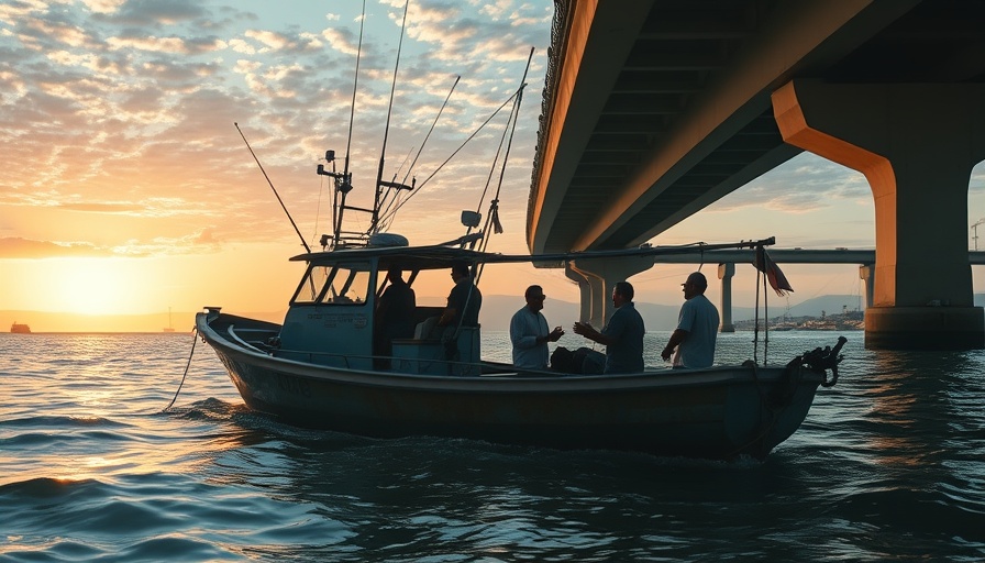 Tarpon Coast fishing incident with people on boat under bridge.