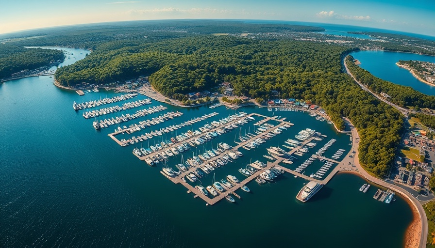 Aerial view of marina at Fort Myers Beach with boats.