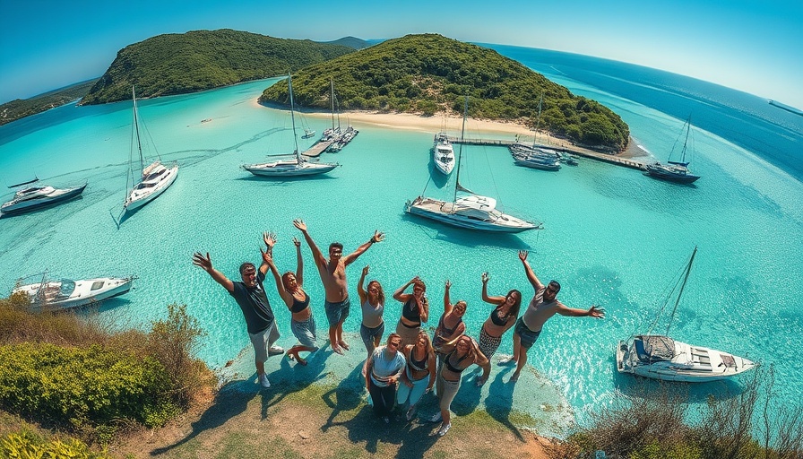 Hidden Sandbar at Foster Bay with group and boats, vibrant scene.