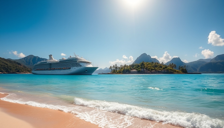 Majestic cruise ship by private Caribbean island, lush and serene.