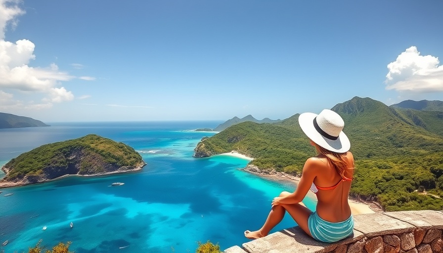 Beautiful Caribbean island view with woman relaxing in the sun.
