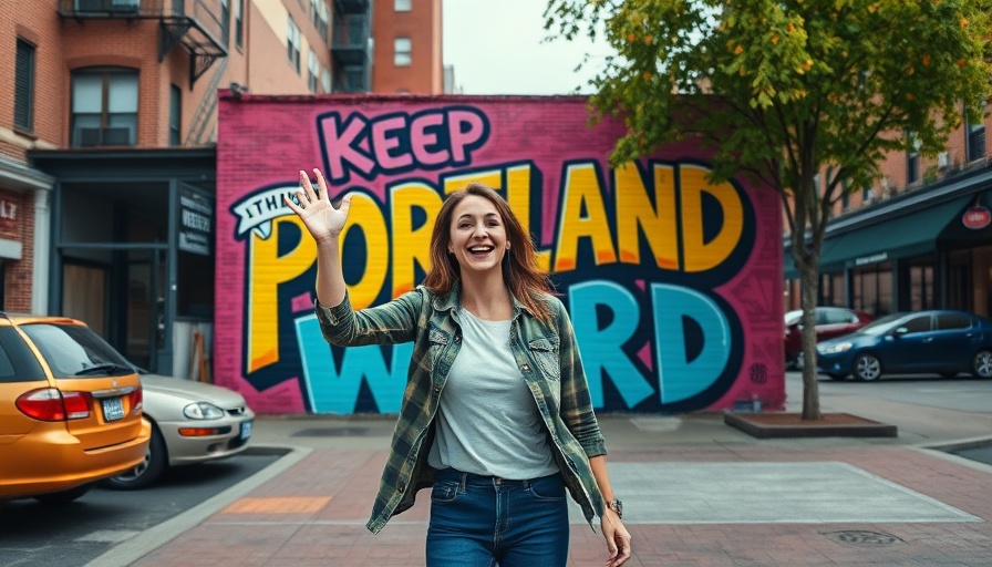 Cheerful woman enjoying adventure in Portland with iconic mural.