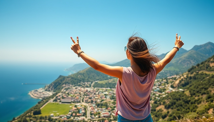 Woman overcoming fear to pursue dreams, victorious pose over scenic view.