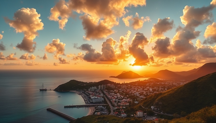 Scenic view of St. Maarten during sunset with lush mountains.