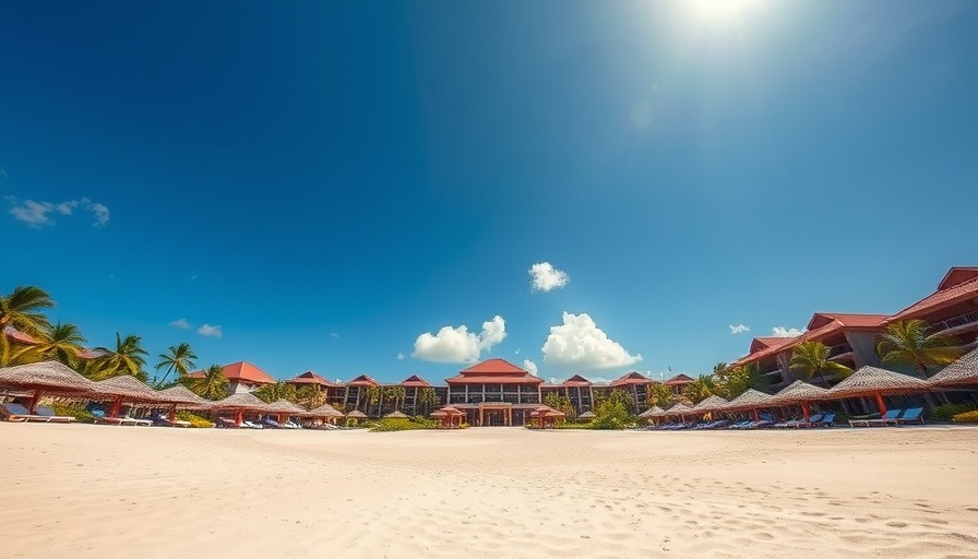 Luxurious Caribbean Marriott resort beach view, clear sky.