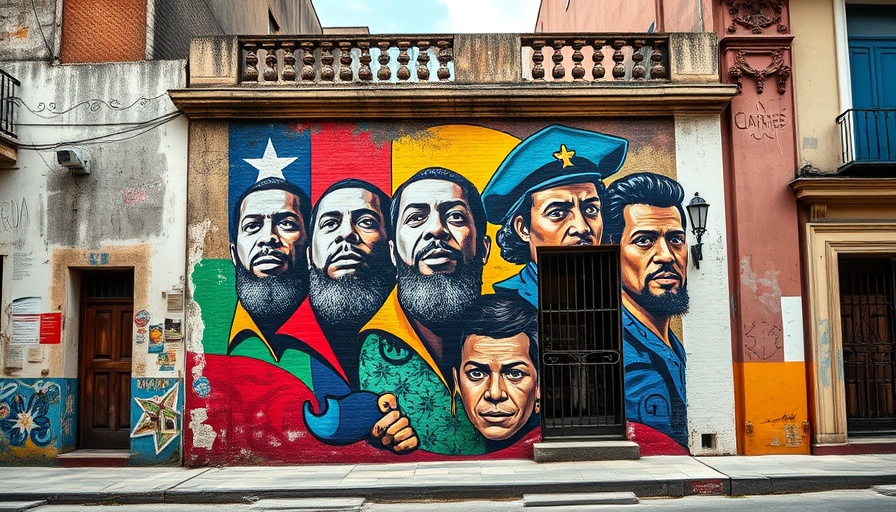 Vibrant mural on Cuban building depicting historical figures, history of Cuba.