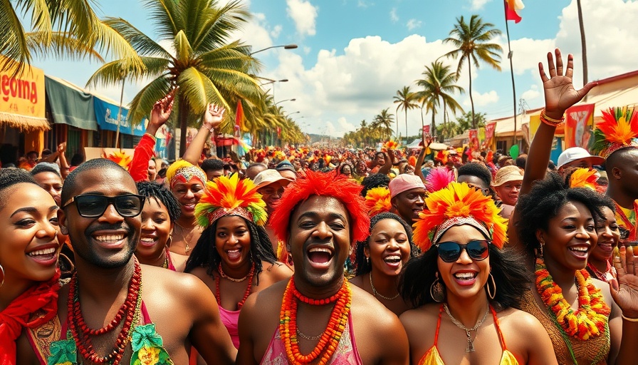 Vibrant carnival celebration on Caribbean island, festive crowd.