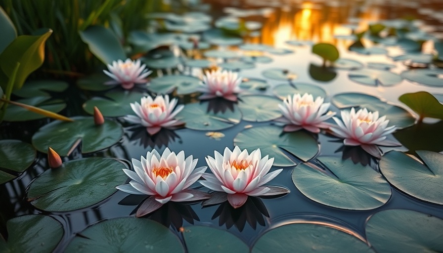 Serene water lilies in Guyana reflecting sunset hues