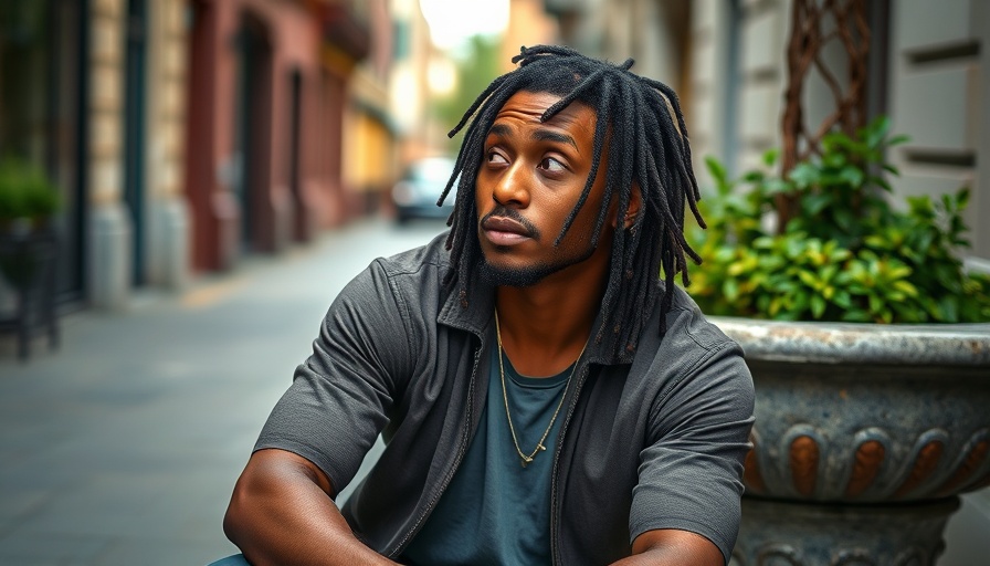 Thoughtful man with dreadlocks sitting on a stone bench, Caribbean television series aesthetic.