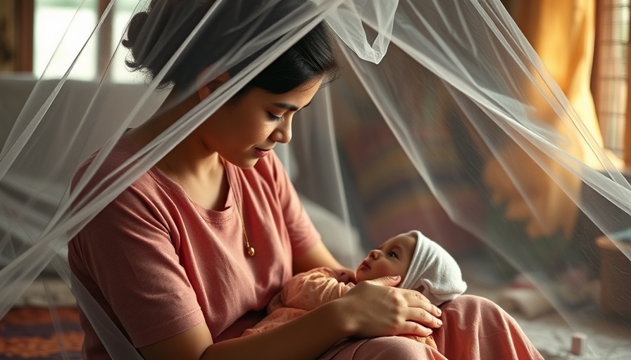 Caring mother with baby under mosquito net for malaria prevention.