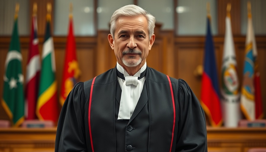 Justice Mario Michel in formal legal attire during retirement announcement.