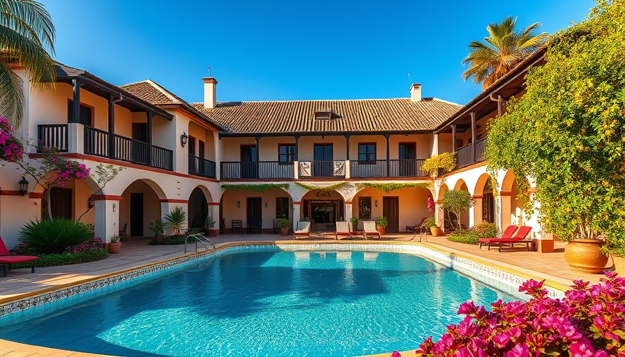 Colonial-style hotel in Guyana with pool, vibrant environment.