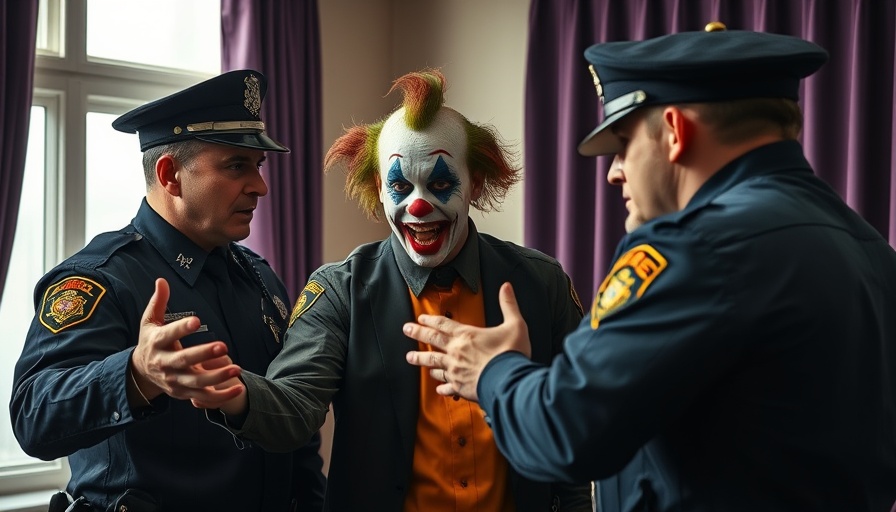 Man in clown makeup confronted by NYPD officers at event.