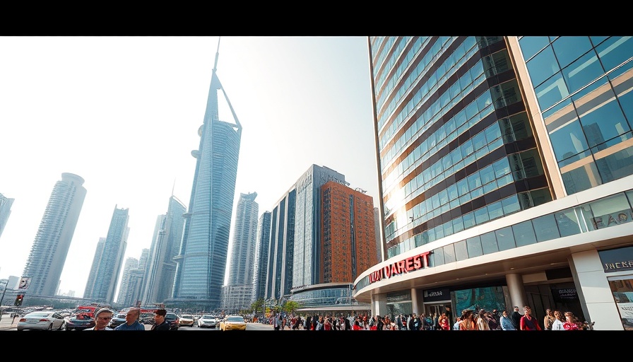 Urban scene in Dubai with iconic skyscrapers and people strolling.