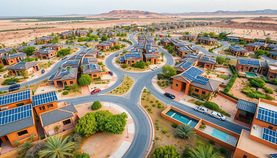Aerial view of modern UAE residential community with solar panels.