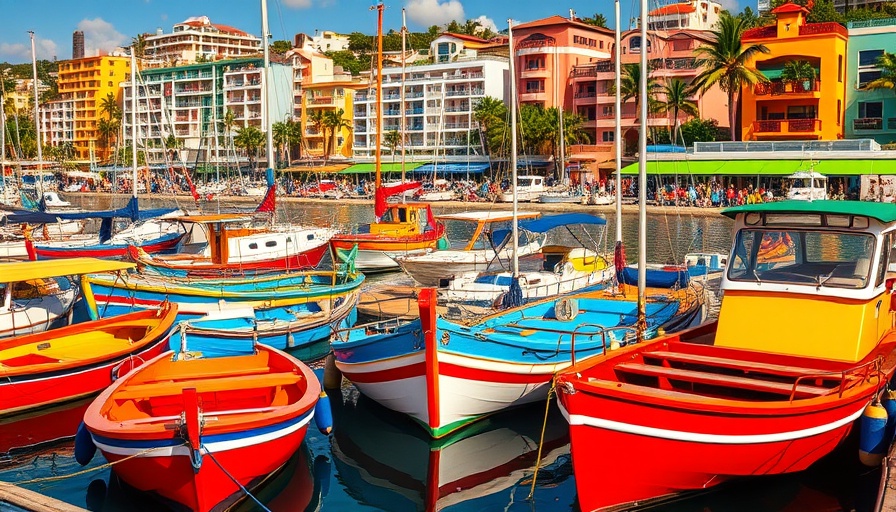 Caribbean harbor with colorful boats and buildings reflecting financial growth.