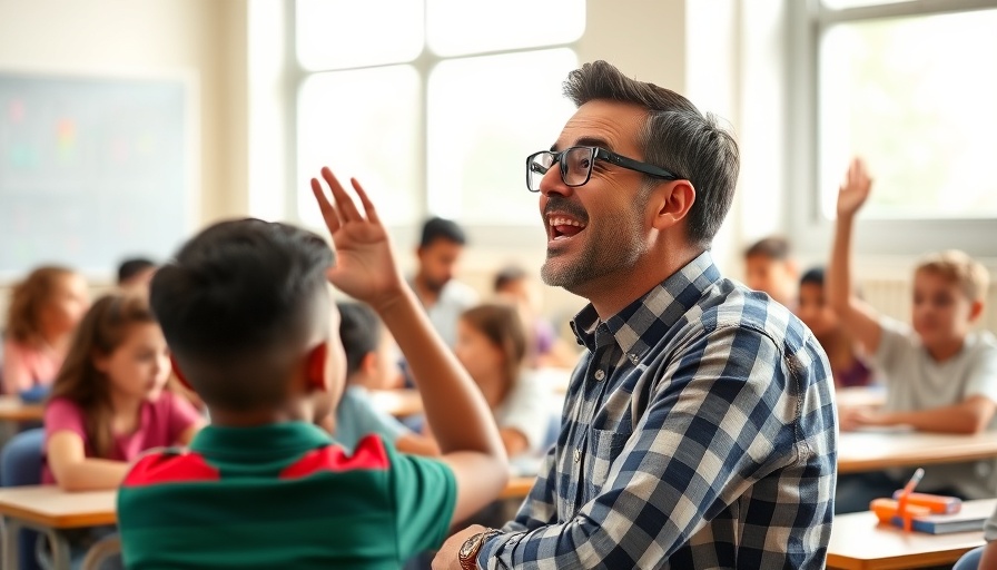 Educator empowering students to understand global issues in bright classroom.