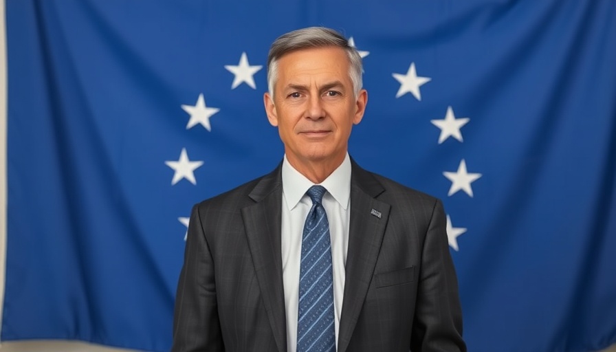 Confident middle-aged man with a flag background, symbolizing energy security.