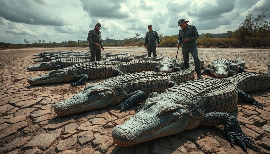 Dead crocodiles investigation scene showing researchers in a dry riverbed.