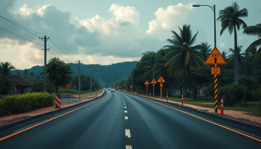 Jamaican road with caution signs amid greenery.
