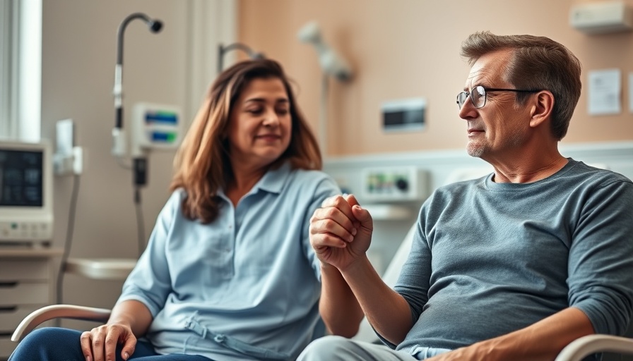 Supportive couple in hospital battling cancer, united.