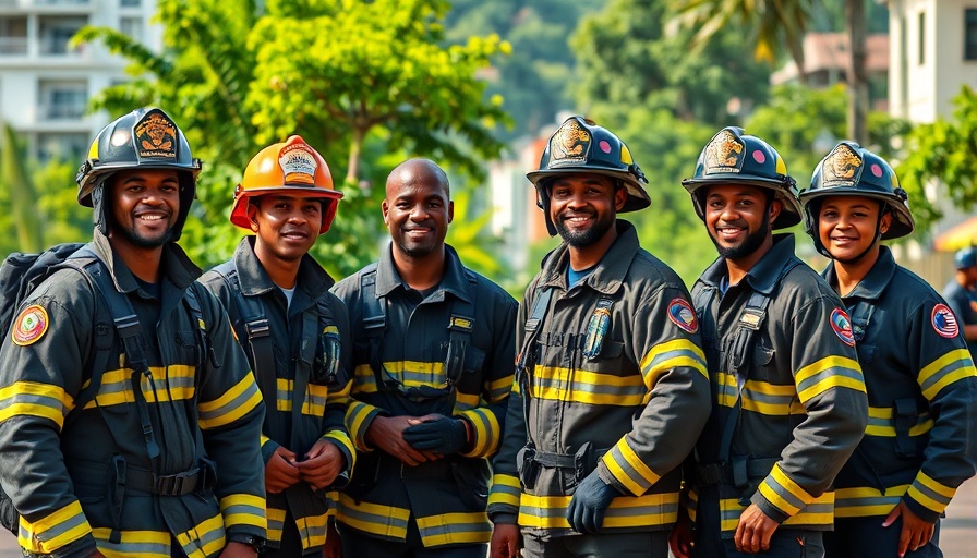 Support for Firefighters in Jamaica: United firefighters in vibrant Jamaican setting.