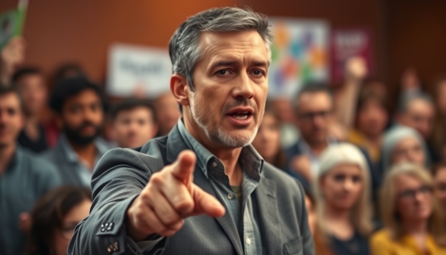 Confident man speaking at event about America's migrants.