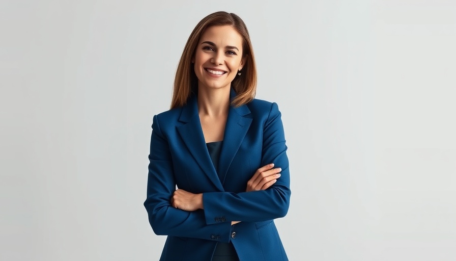 Confident woman in blue suit at Caribbean Environmental Sustainability Exhibition.