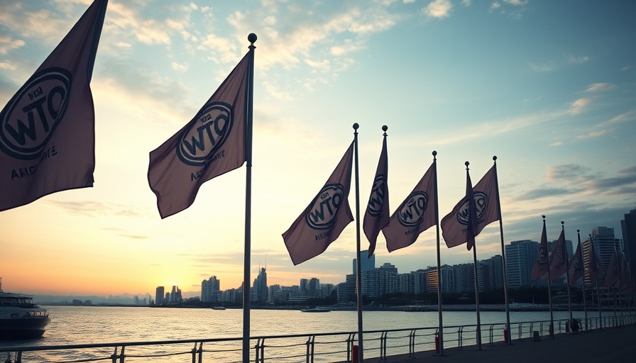 WTO Public Forum 2025 registration banner and flags at sunset.