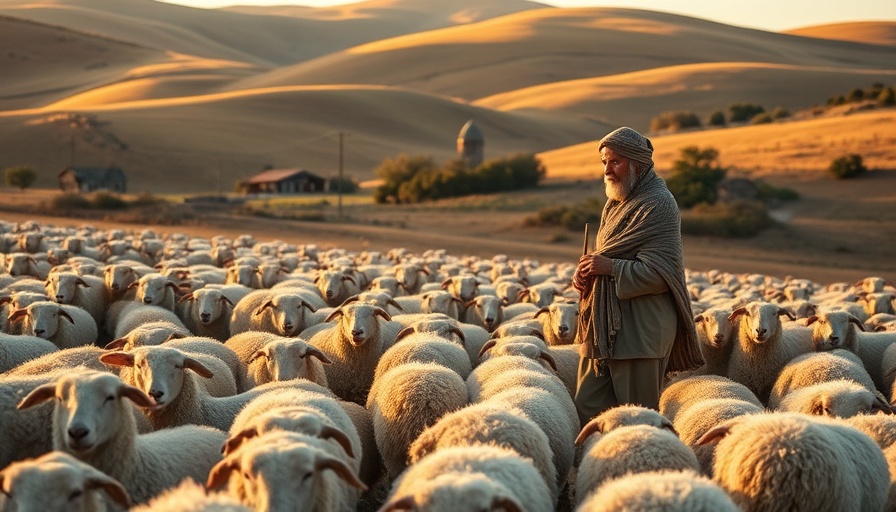 Shepherd managing flock of sheep in a rural European landscape at sunset.
