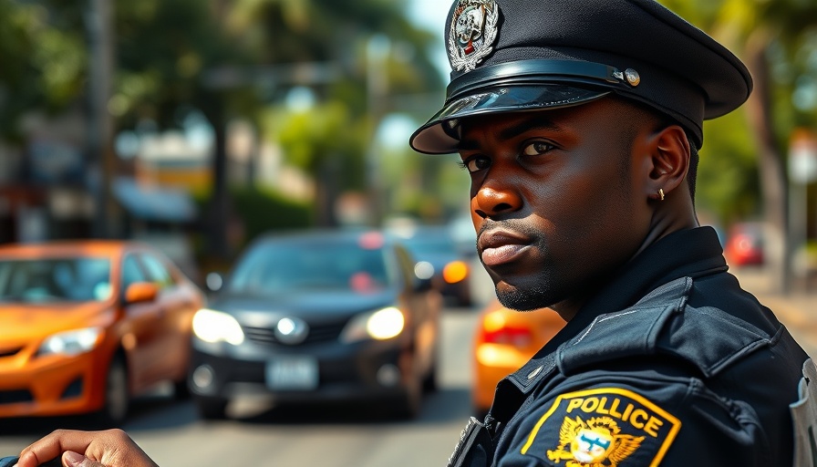 Jamaican police ticketing driver in daylight on busy street.