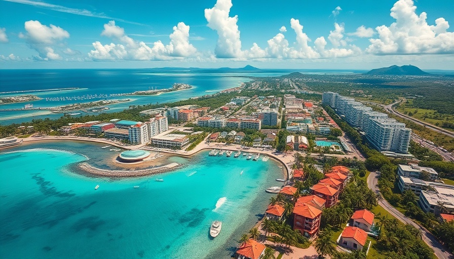 Aerial view of vibrant Caribbean town by turquoise waters.
